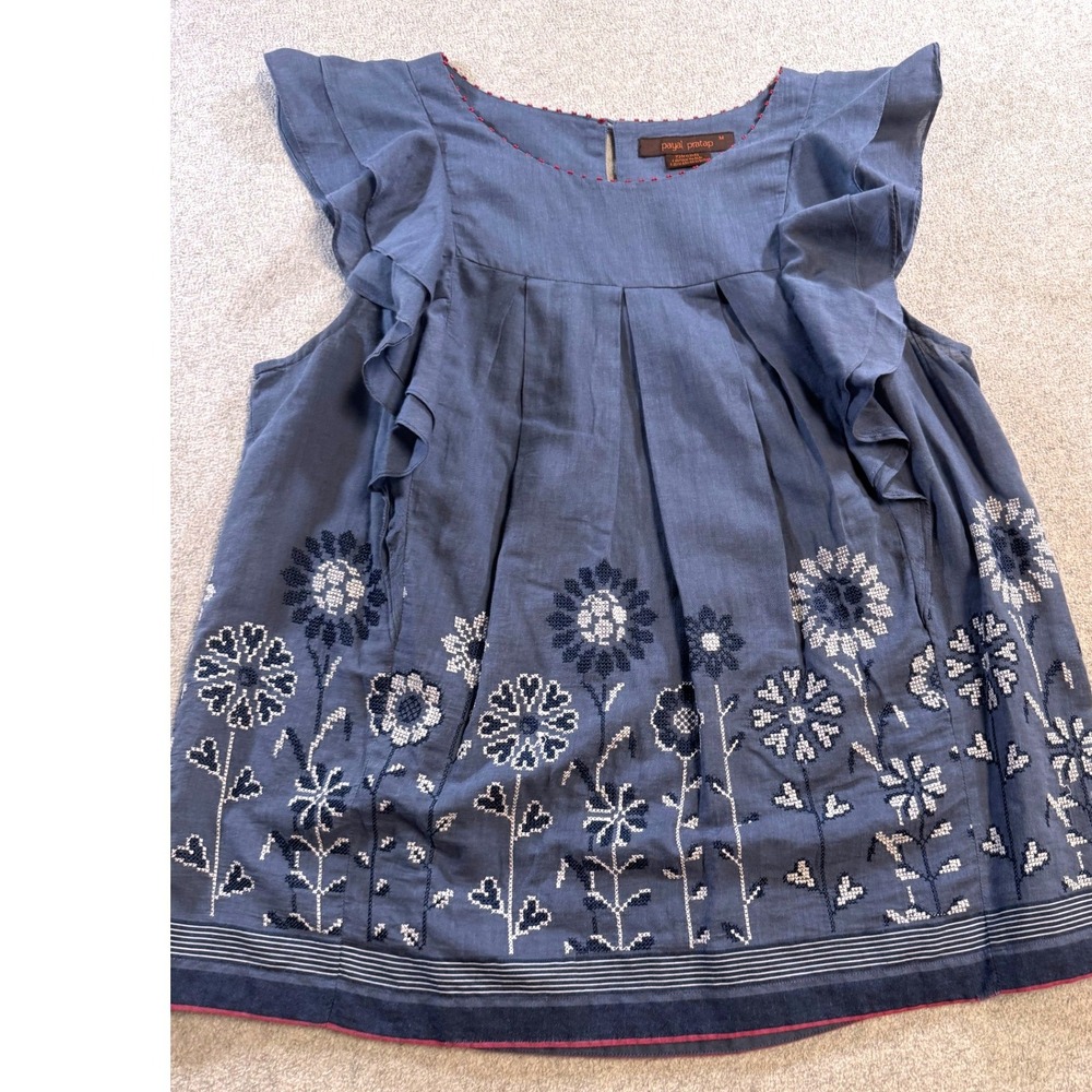 Payal Pratap Embroidered Blouse Womens M Blue Floral Boho Artisan Cottagecore‎